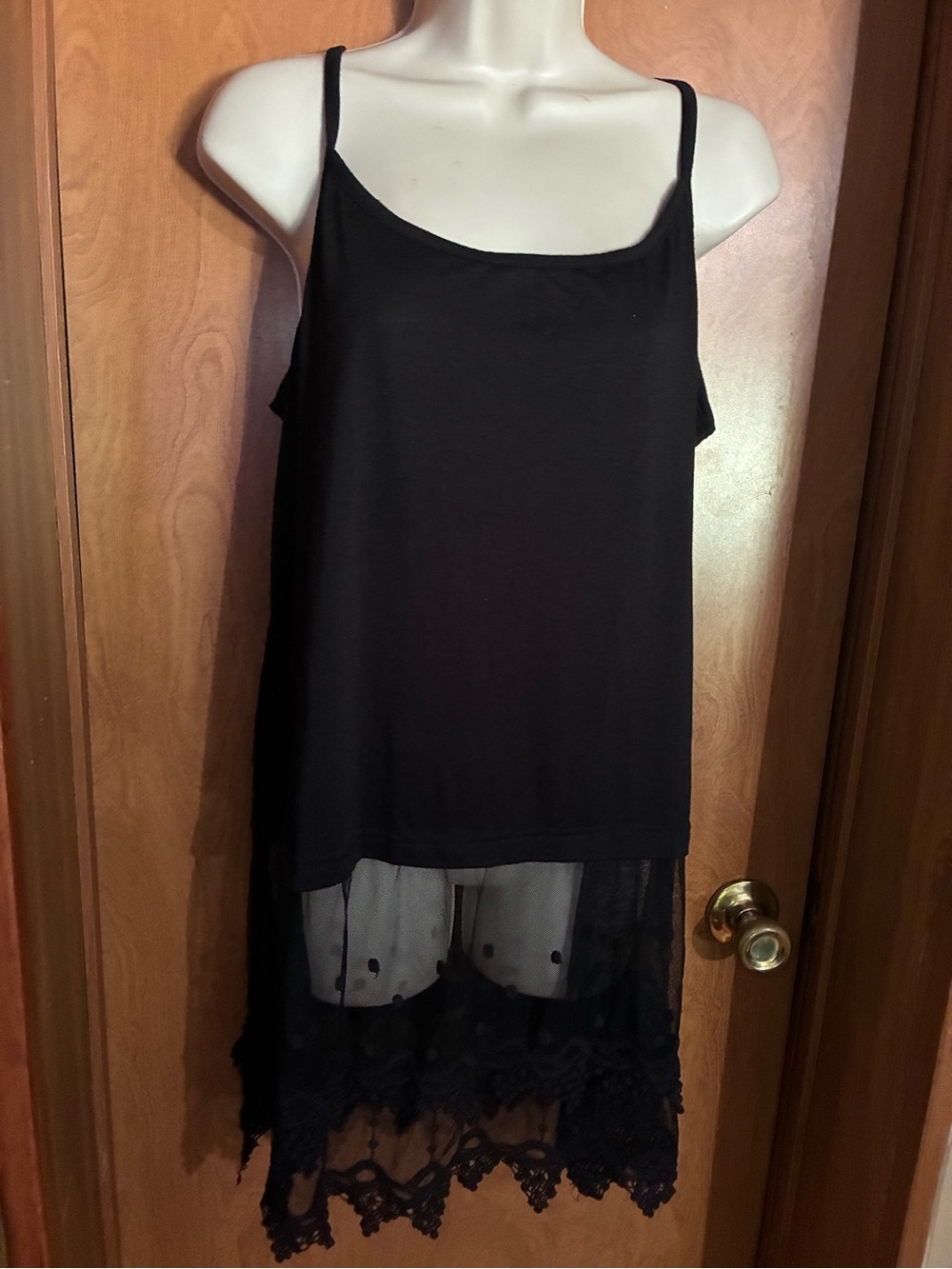 Black Spaghetti Strap Long Top Dress with Lace Hem Sheer